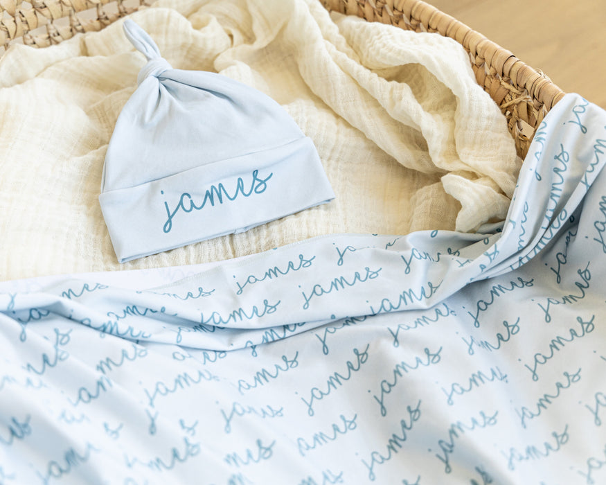 Personalized Baby Swaddle Blanket — Handmade Jersey Knit Custom Name Newborn Blanket (29x39 inches, 87 Color Options)