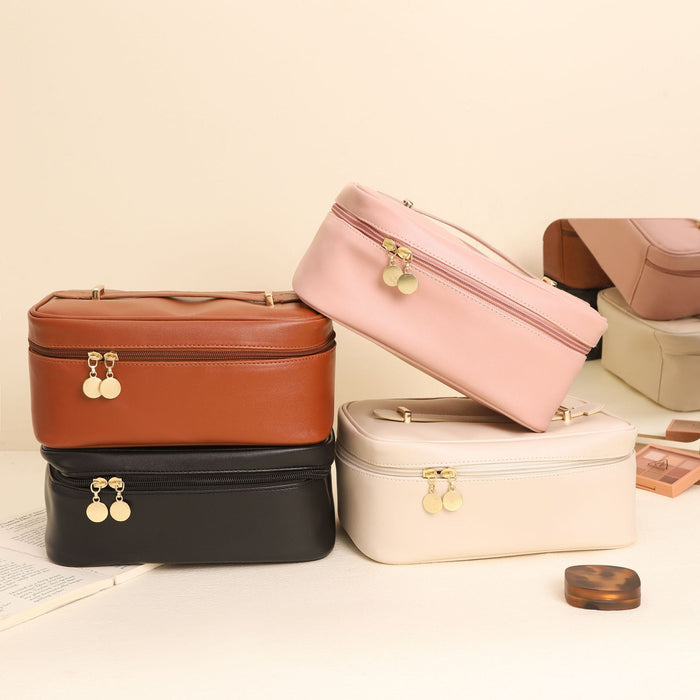 Square Top Handle Cosmetic Bag | PU Leather Travel Toiletry Handbag (White, Black, Pink, Light Brown)