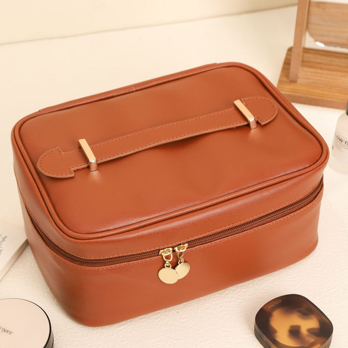 Square Top Handle Cosmetic Bag | PU Leather Travel Toiletry Handbag (White, Black, Pink, Light Brown)