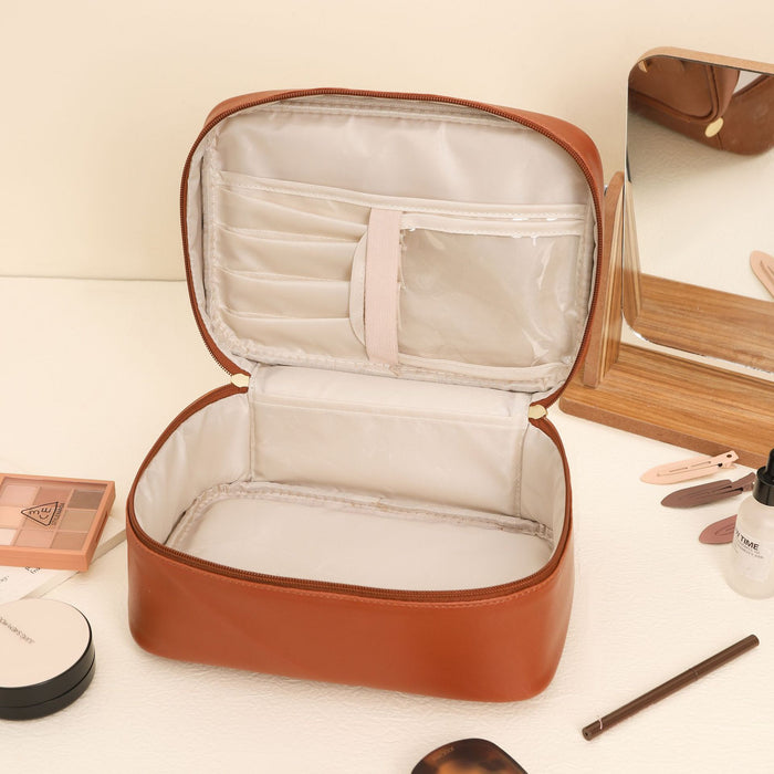 Square Top Handle Cosmetic Bag | PU Leather Travel Toiletry Handbag (White, Black, Pink, Light Brown)