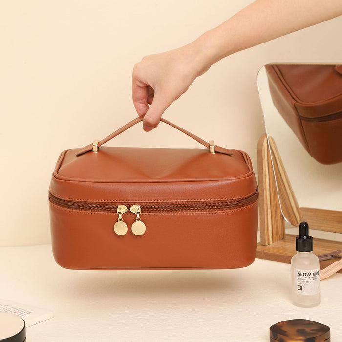 Square Top Handle Cosmetic Bag | PU Leather Travel Toiletry Handbag (White, Black, Pink, Light Brown)