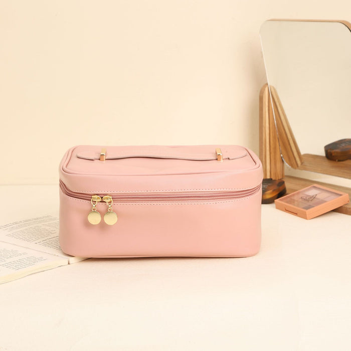Square Top Handle Cosmetic Bag | PU Leather Travel Toiletry Handbag (White, Black, Pink, Light Brown)