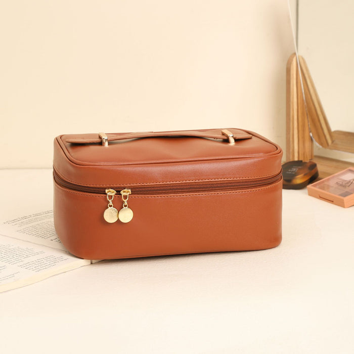 Square Top Handle Cosmetic Bag | PU Leather Travel Toiletry Handbag (White, Black, Pink, Light Brown)