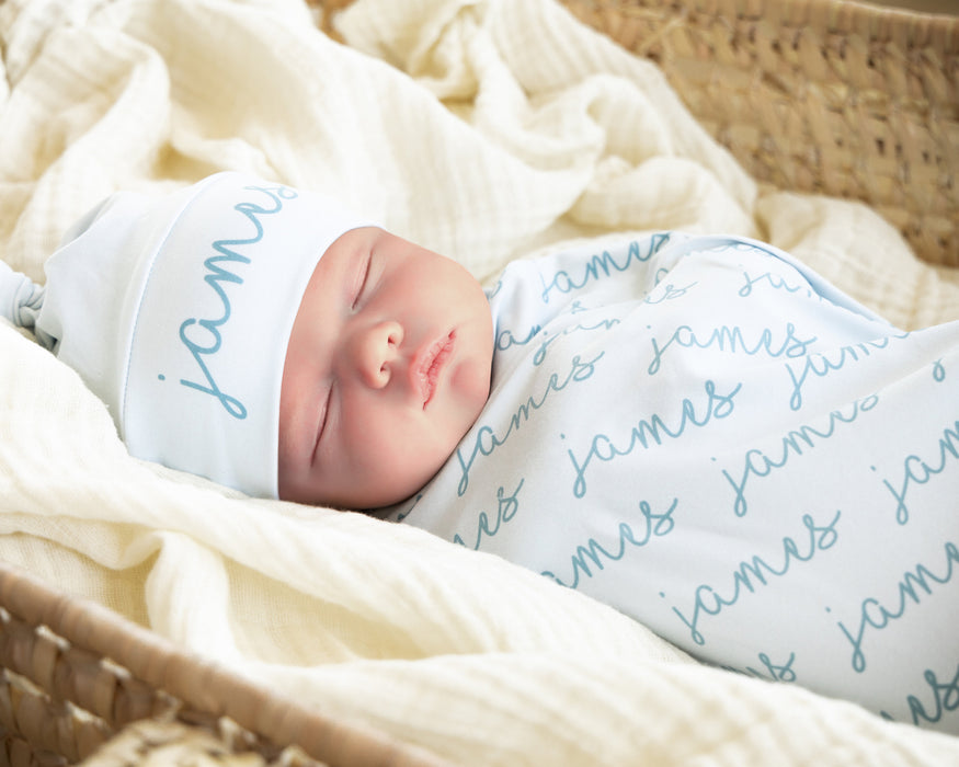 Personalized Baby Swaddle Blanket — Handmade Jersey Knit Custom Name Newborn Blanket (29x39 inches, 87 Color Options)