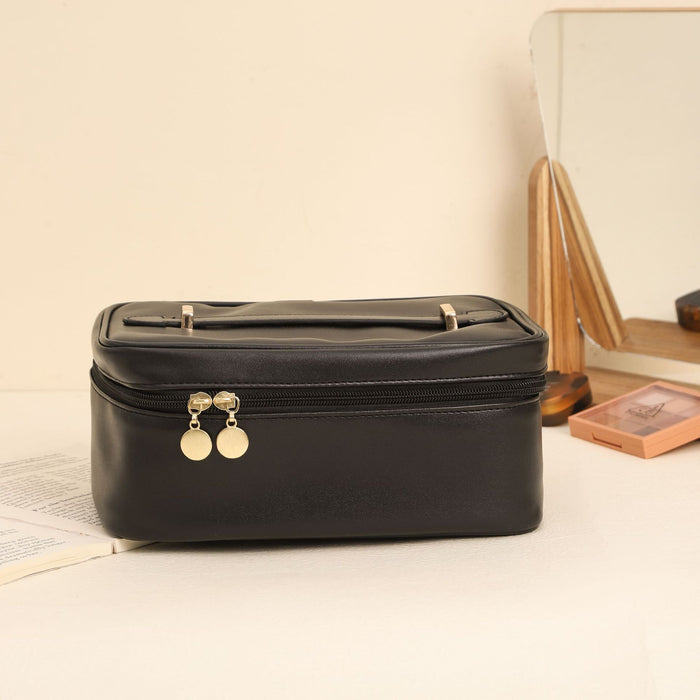 Square Top Handle Cosmetic Bag | PU Leather Travel Toiletry Handbag (White, Black, Pink, Light Brown)