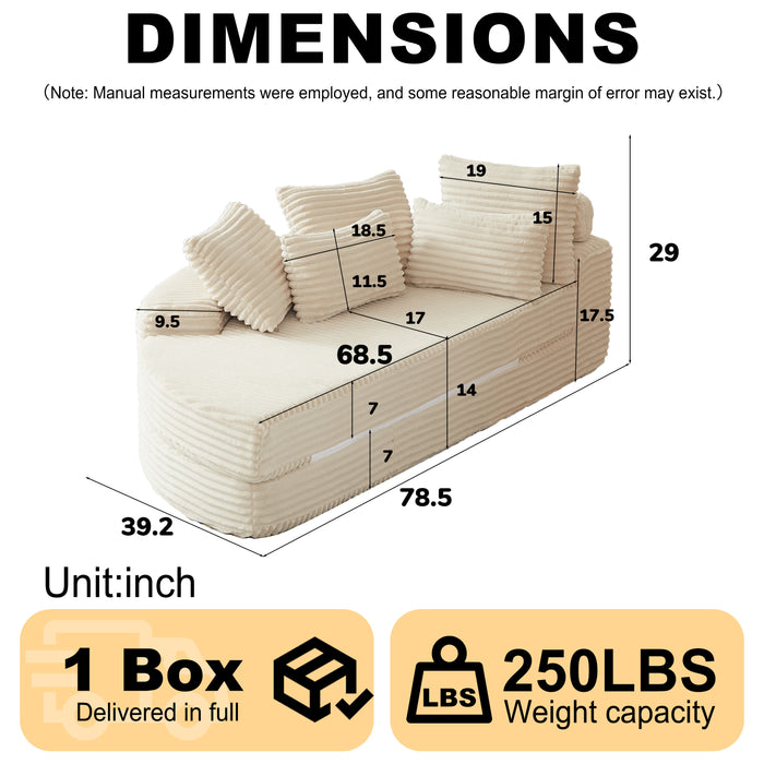 78.5-Inch Corduroy Semi-Circular 2-in-1 Sofa Bed, Designer Recliner With Neck Pillow And Five Throw Pillows In Living Room