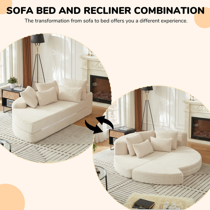 78.5-Inch Corduroy Semi-Circular 2-in-1 Sofa Bed, Designer Recliner With Neck Pillow And Five Throw Pillows In Living Room