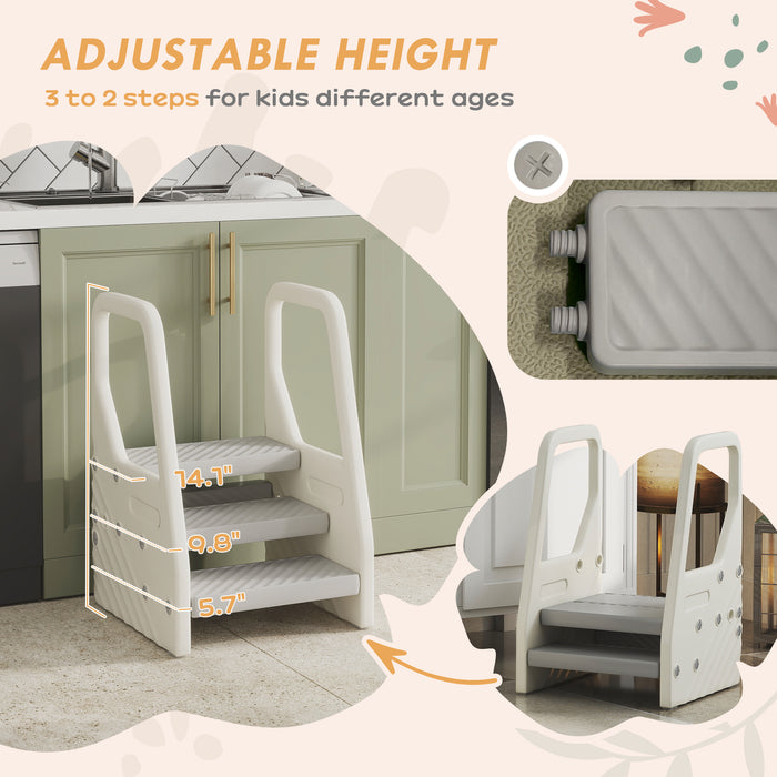 Adjustable 3-Step Toddler Tower Kitchen Helper with Handles & Non-Slip Surface — Gray
