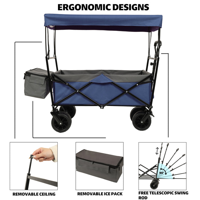 480Lbs Collapsible Wagon With Canopy Wagon Stroller With 7  All- Terrain Wheels  Lightweight Foldable Wagon  Large Capacity For Camping  Shopping  Sports  And Garden Use  Dark Blue With Mosquito Net