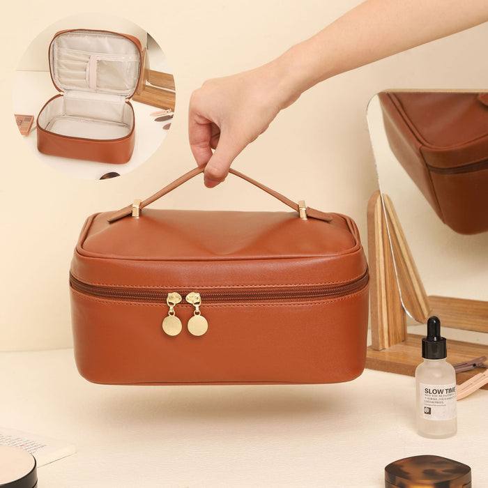 Square Top Handle Cosmetic Bag | PU Leather Travel Toiletry Handbag (White, Black, Pink, Light Brown)