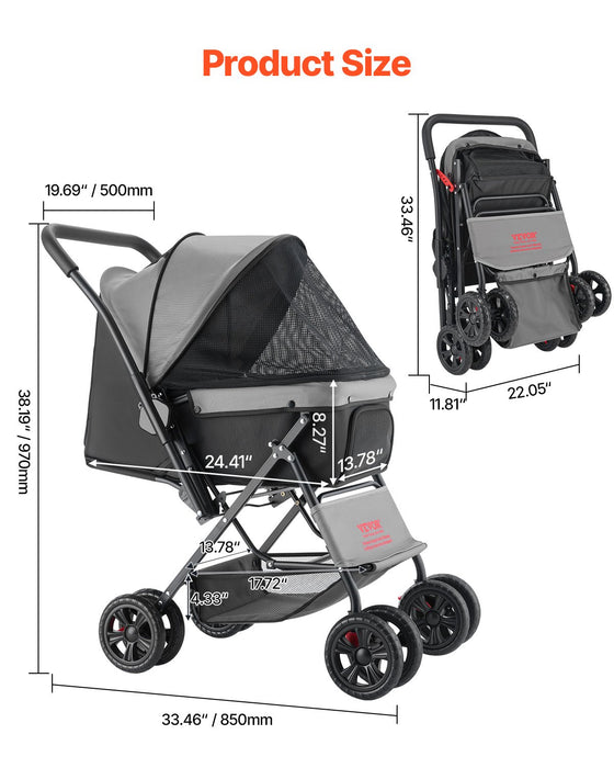 Pet Stroller Foldable 4 Wheels Travel Dog Stroller Reversible Handle Up To 44lbs