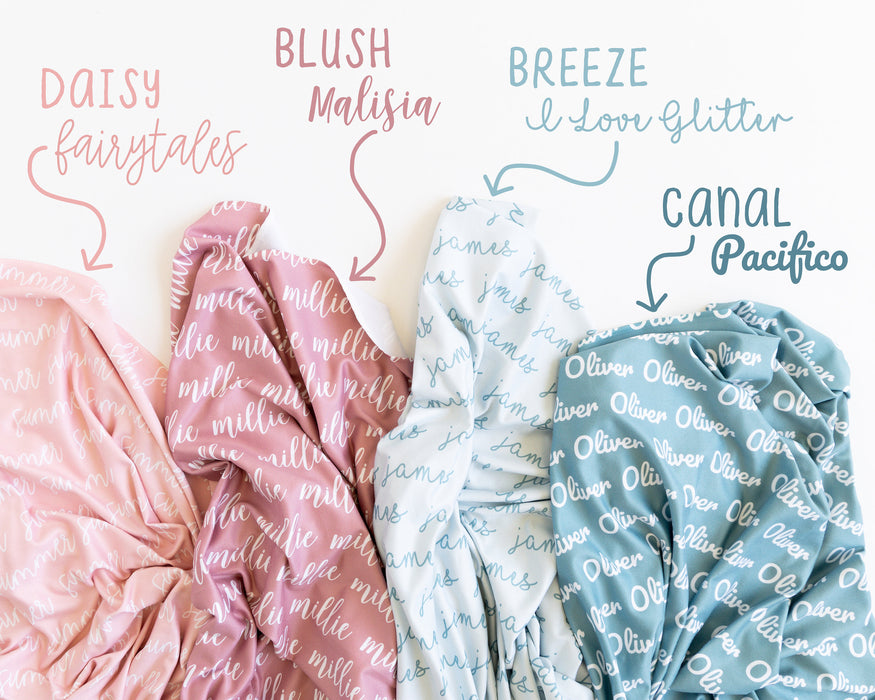 Personalized Baby Swaddle Blanket — Handmade Jersey Knit Custom Name Newborn Blanket (29x39 inches, 87 Color Options)