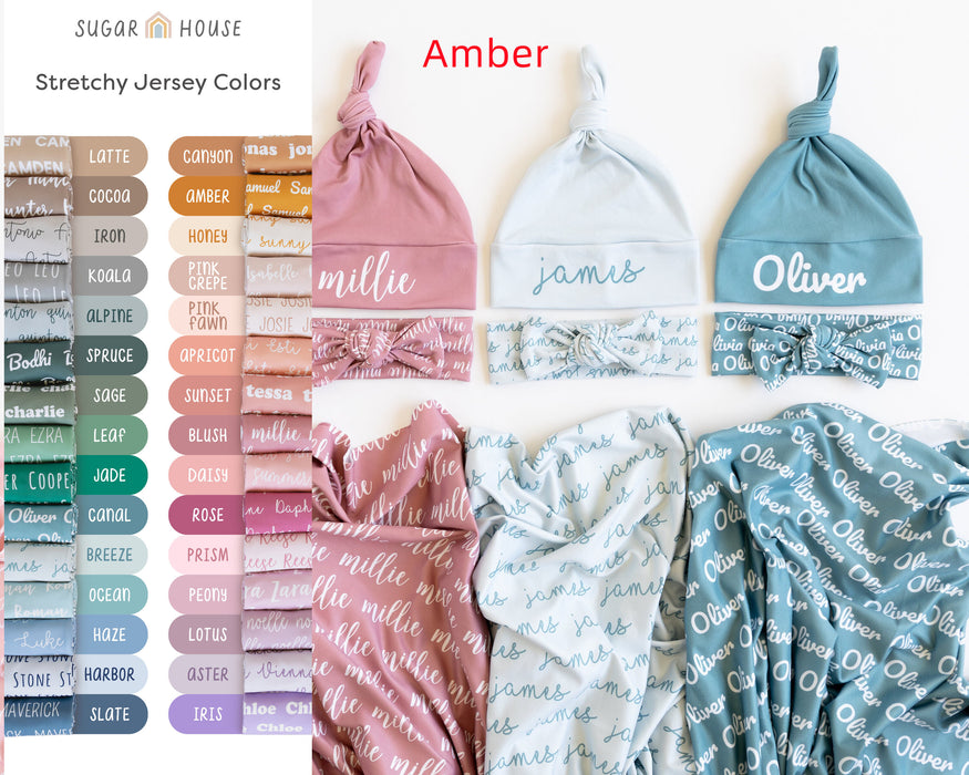 Personalized Baby Swaddle Blanket — Handmade Jersey Knit Custom Name Newborn Blanket (29x39 inches, 87 Color Options)