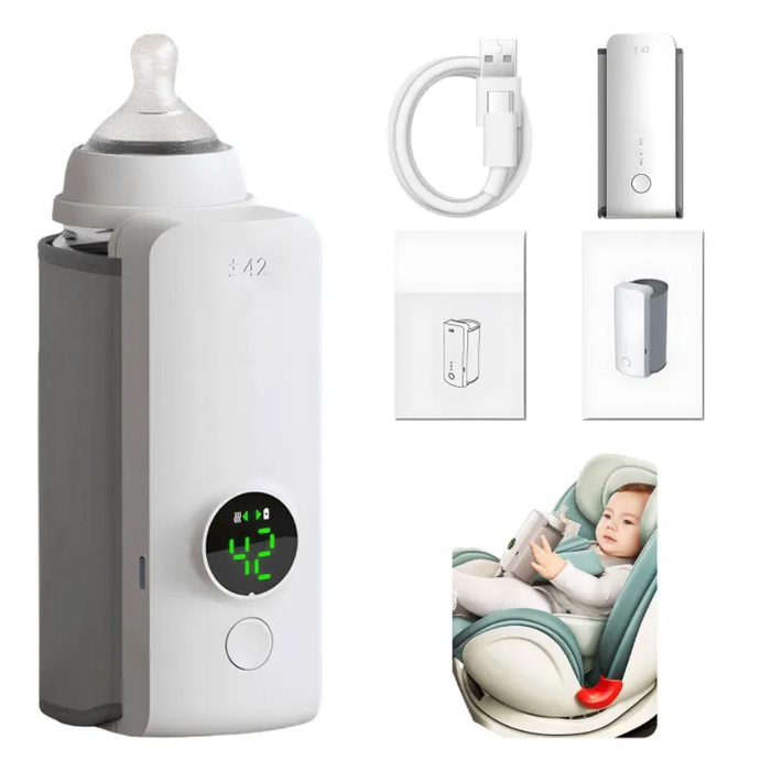 Portable Wireless Rechargeable Baby Bottle Warmer — USB Charging, Constant 42°C Temperature, Digital Display (Gray, 3 Settings)