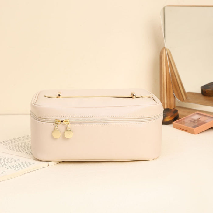 Square Top Handle Cosmetic Bag | PU Leather Travel Toiletry Handbag (White, Black, Pink, Light Brown)