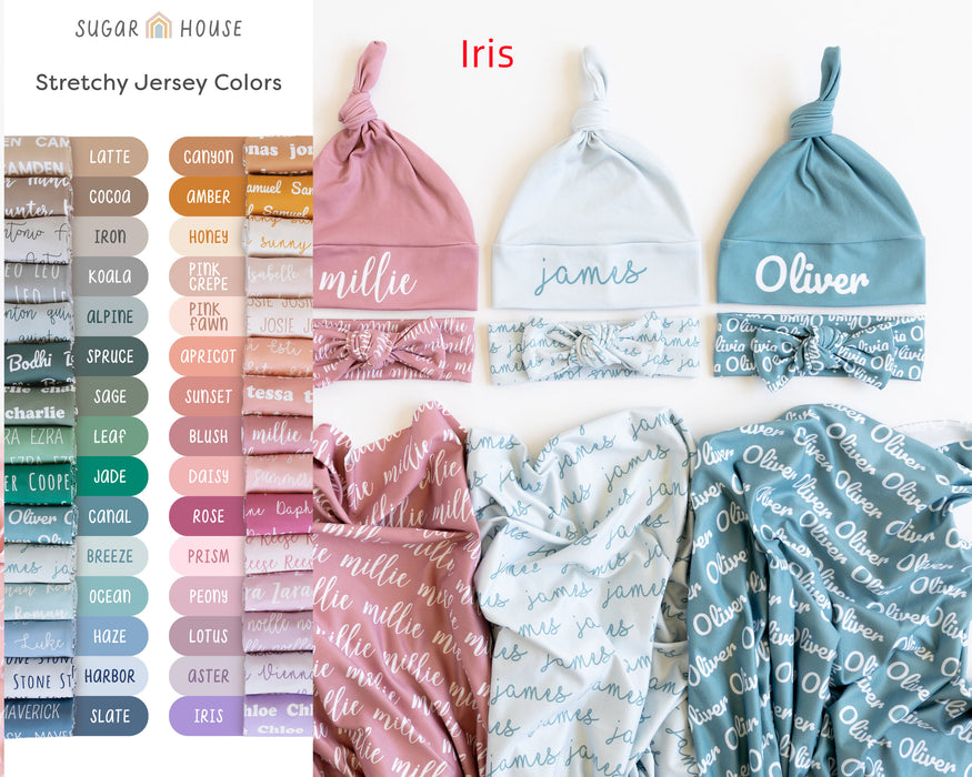 Personalized Baby Swaddle Blanket — Handmade Jersey Knit Custom Name Newborn Blanket (29x39 inches, 87 Color Options)