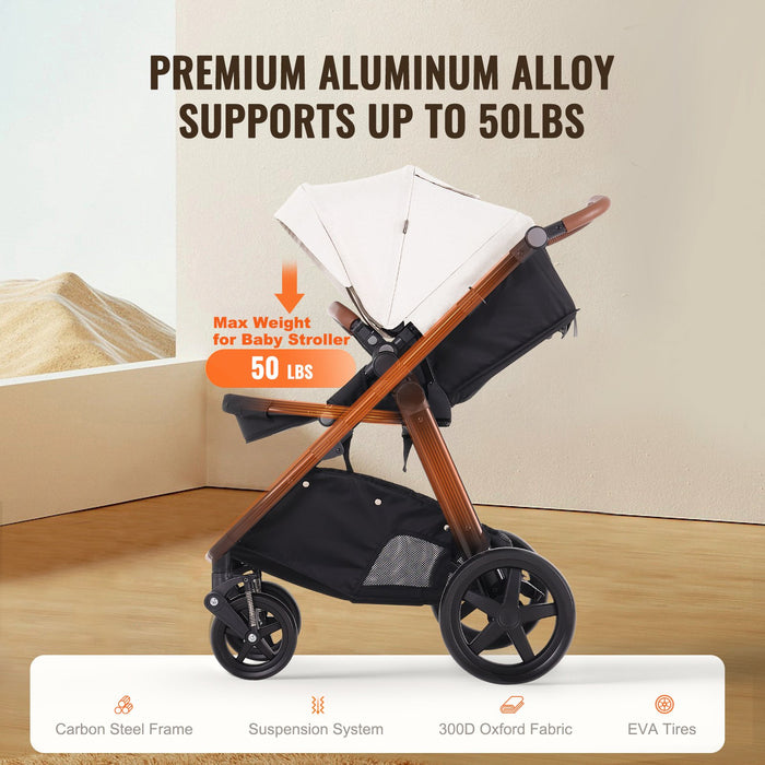 Travel System Stroller With Infant Bassinet, 2-in-1 Baby Cradle Stroller Combo, Reversible Seat, Easy One-button Folding, EVA Tires With Brake Aluminum Stroller Carseat Combo Set (White)